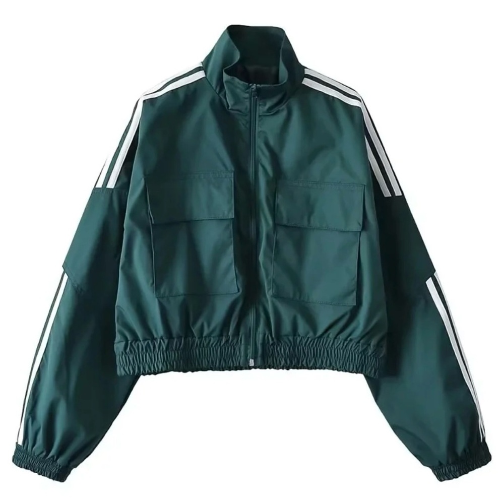 The Copper Closet Striped Sleeve Zip Wind Breaker Emerald Green Jacket Sz Small - Picture 9 of 9